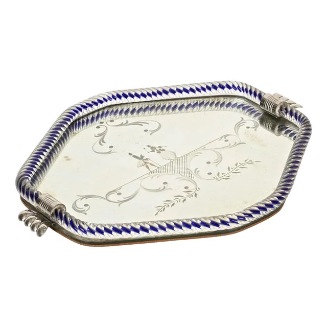 Hexagonal Serving Tray in Blue Mirror-Engraved Murano Glass from Barovier, Italy, 1940s For Sale