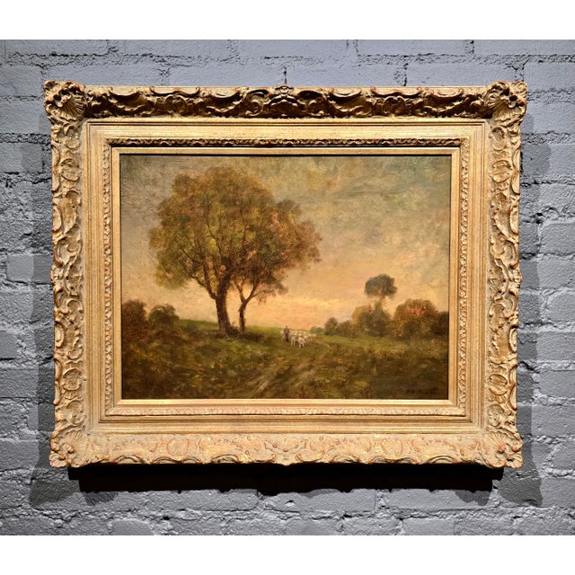 American Alexander Helwig Wyant–Dusk Pastoral Meadow W/Sheep–19th Century American Tonalist Oil Painting For Sale - Image 3 of 11