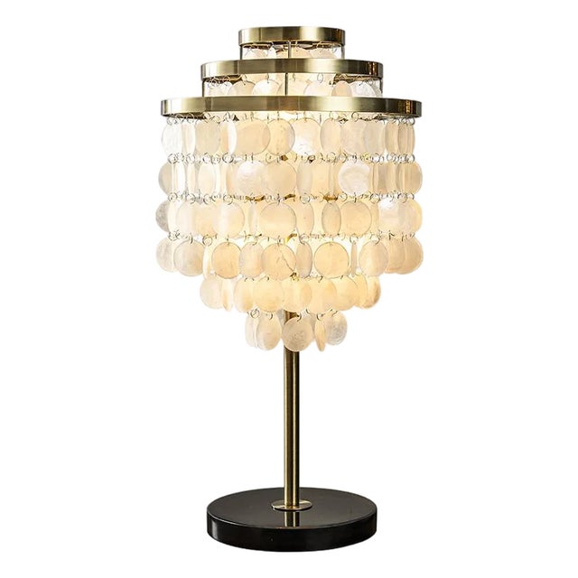 Aloadecor 3-Light 28'' Modern Coastal Aged Brass Natural Capiz Shell Tiered Table Lamp With Black Marble Base Glam For Sale