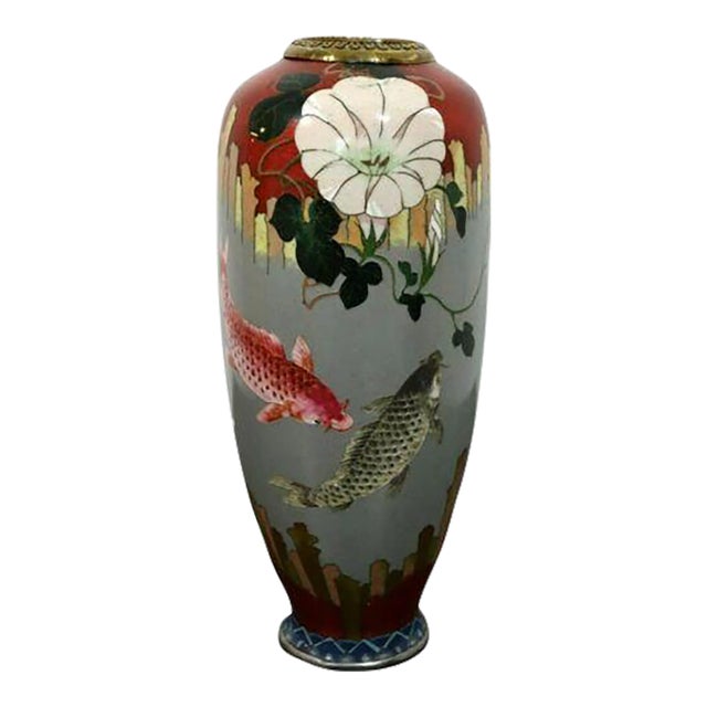 Vintage Signed Red and Gray Enameled Cloisonne Vase with Koi Fish For Sale