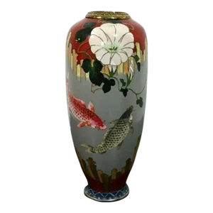 Vintage Signed Red and Gray Enameled Cloisonne Vase with Koi Fish