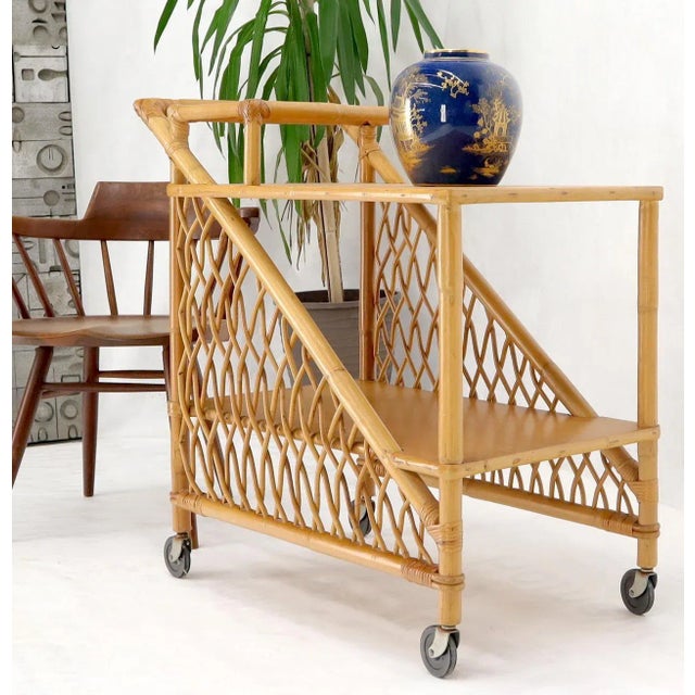 Mid century modern rattan and bamboo serving bar cart w/ bottles holder. For Sale - Image 12 of 13