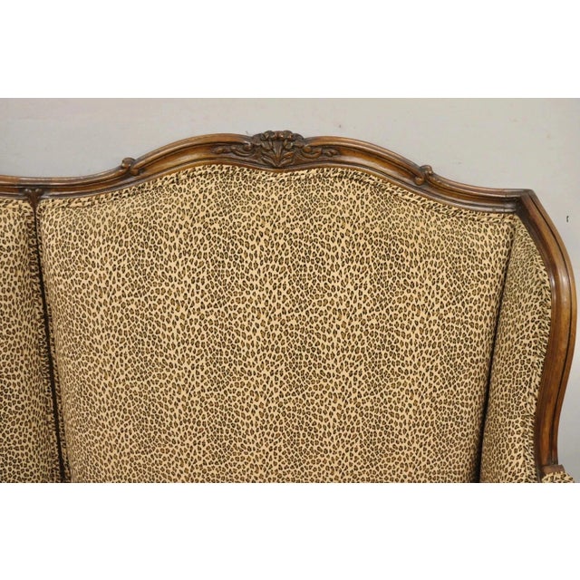 Vintage French Country Louis XV Carved Walnut Cheetah Print Wingback Sofa Settee For Sale - Image 12 of 12