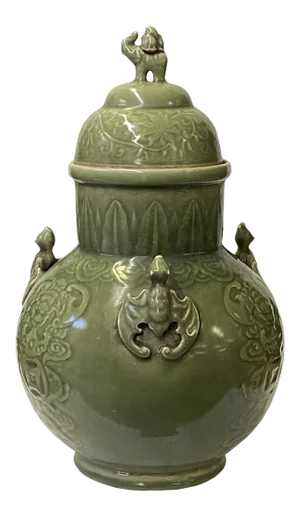 Chinese Ancient Style Celadon Ceremonial Vase Jar With Bats Motif
