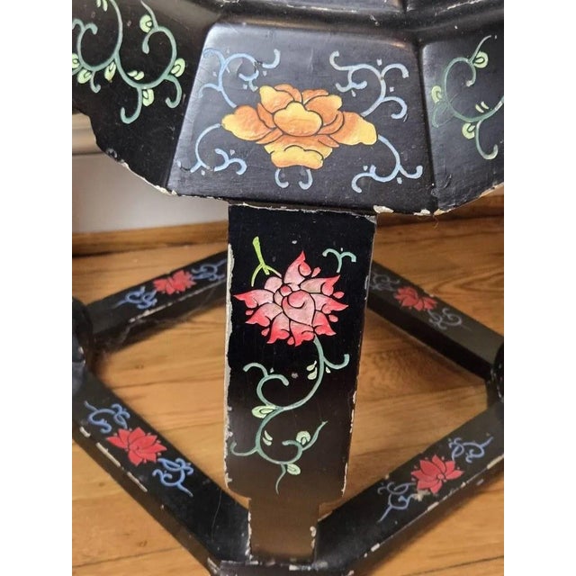 Black Pair of Vintage Chinese Black Lacquer Hand-Painted Stools or Side Tables For Sale - Image 8 of 12
