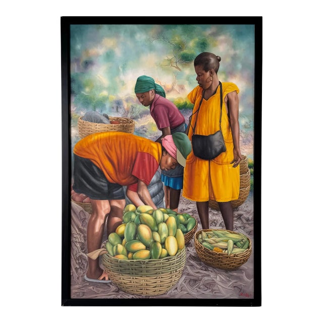 Large - 2019 “Fruit Market Vendors” Haitian Folk Art OilOn Canvas Painting by Horestal E. For Sale