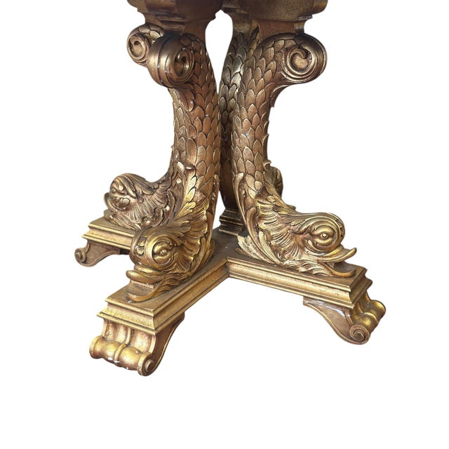 Mid 20th Century Impressive Regency Burled Fruitwood Pedestal Center Table With Gilded Dolphin Base For Sale - Image 9 of 14