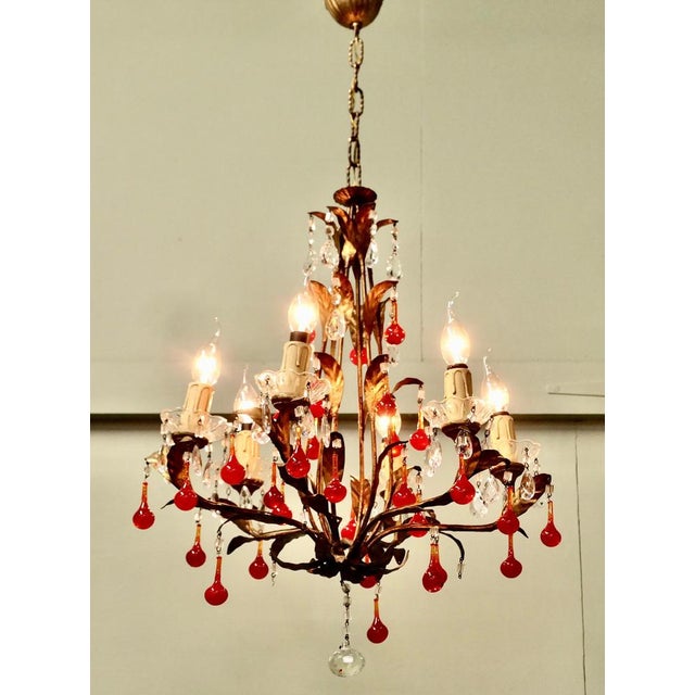Glass Large French Chandelier with Lipstick Red Teardrops, 1950 For Sale - Image 7 of 9