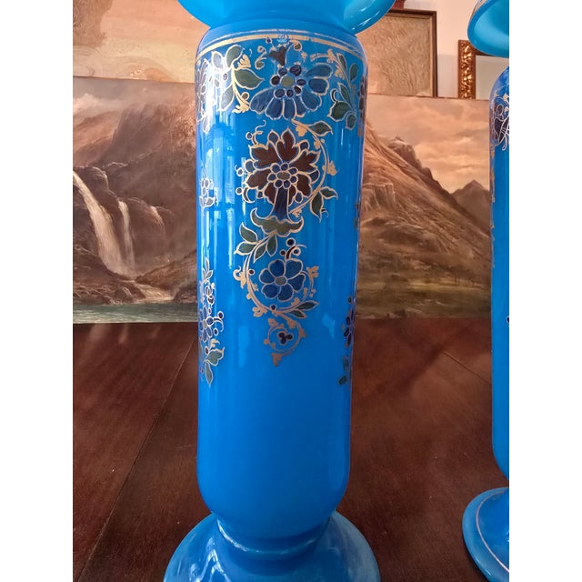 Antique Baccarat Attributed Pr Opaline Vases Turquoise For Sale - Image 4 of 10