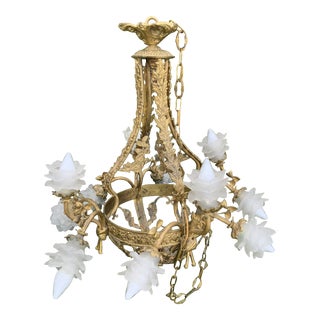 Vintage Late 19th Century Brass Chandelier With 12 Floral Glass Lights For Sale
