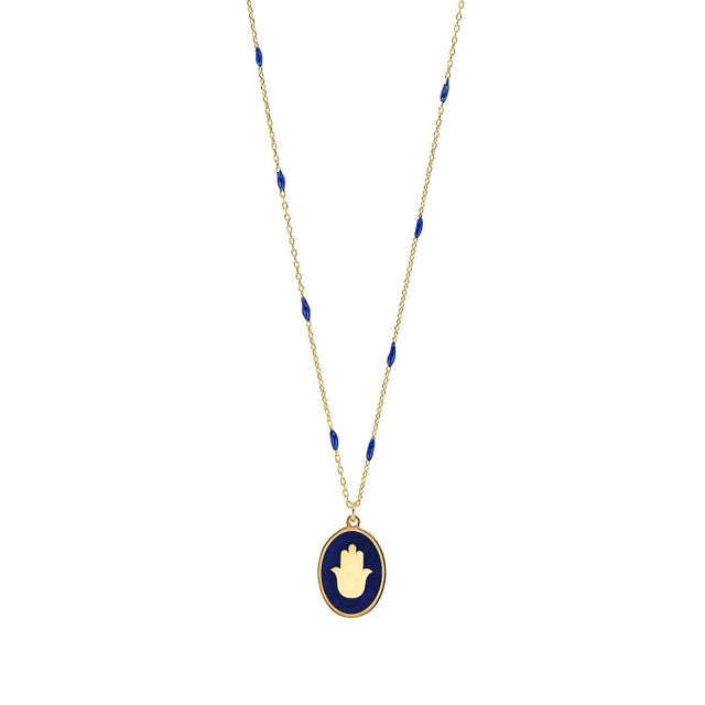 Positive Energy Hamsa Gold & Blue Chain Necklace For Sale - Image 4 of 6