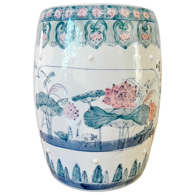 Chinoiserie Vintage 1960 Century Chinese Ceramic Pink Lotus Garden Stool For Sale - Image 3 of 7