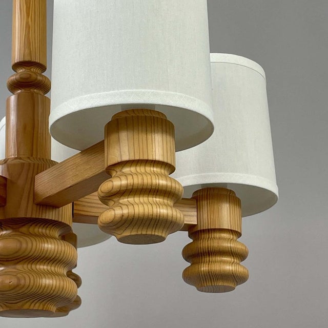 Scandinavian Pine & Fabric 5-Light Chandelier, Sweden, 1970s For Sale - Image 10 of 17