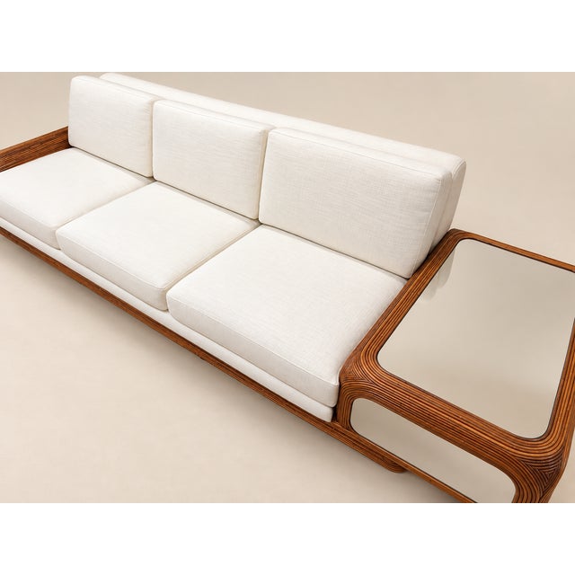 1970s Large Designer Sofa With Floating Side Tables, Split Pencil Reed For Sale - Image 12 of 13