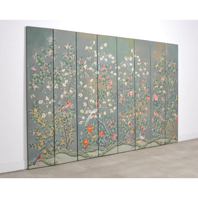 Chinoiserie Gracie Style 8 Panel Chinoiserie Painted Wallpaper Screen 12 Ft For Sale - Image 3 of 18