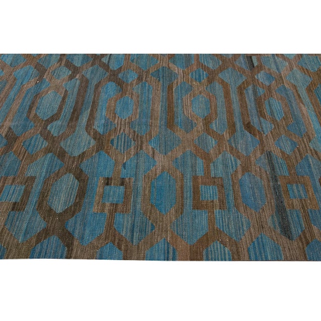 Modern Geometric Kilim Handmade Room Size Blue Wool Rug For Sale In New York - Image 6 of 11