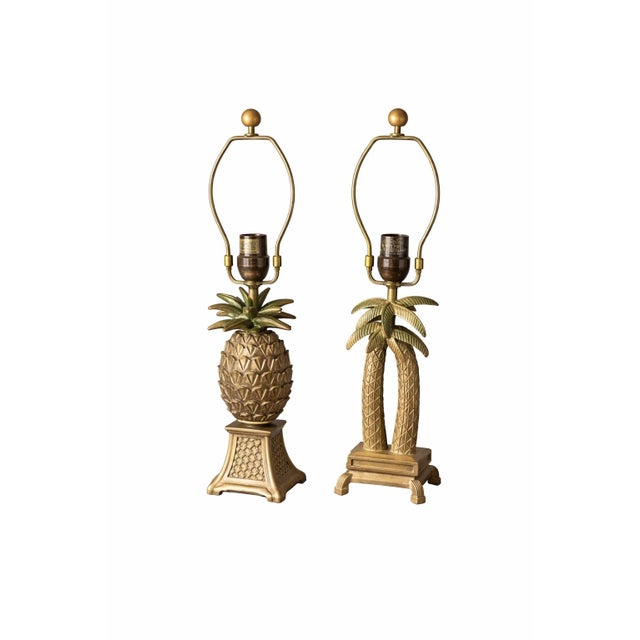 Bronze Late 20th Century Petite Tropical Palm Tree & Pineapple Table Lamps With Linen Drum Shades – Hollywood Regency Coastal Style, 16” H - a Pair For Sale - Image 8 of 10
