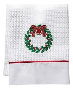Bell Wreath Guest Towel, White Waffle Weave With Satin Stitch, Ladder Lace, Embroidered