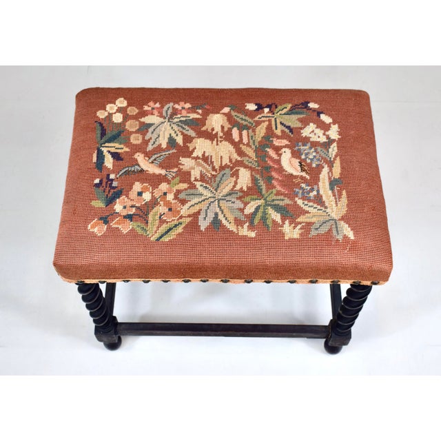 Antique English Barley twist turned Bog oak bench or stool upholstered in hand crafted needle and petti-point tapestry...