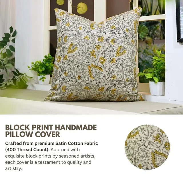 Each cover is individually hand block printed by skilled artisans, making every piece unique. The cotton satin fabric...