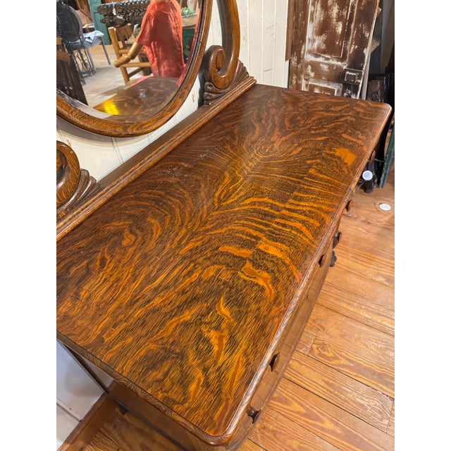 Vintage Tiger Oak Victorian Dresser With Beveled Mirror & Clawfeet. For Sale - Image 10 of 12