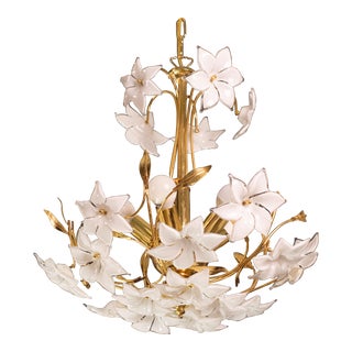Murano Chandelier White Flowers, 1970 For Sale
