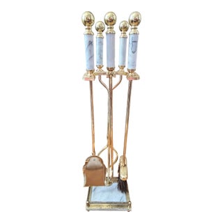 1980s Italian White Marble and Brass Fireplace Tools on Stand, Set of 5 For Sale