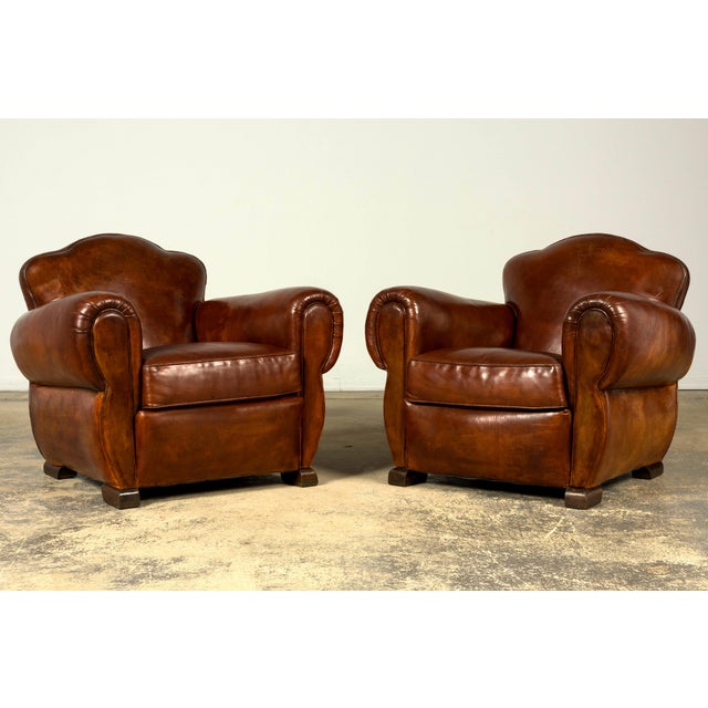 1940s French Art Deco Cognac Leather Club Chairs, Pair For Sale In New York - Image 6 of 7