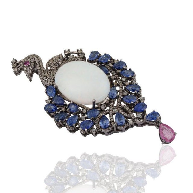 Handcrafted Peacock Brooch Pendant Featuring 23.32 Carats of Gemstones & Diamonds For Sale - Image 6 of 10