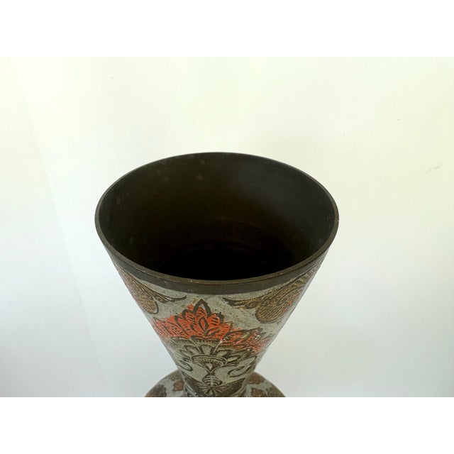 Vintage Etched Enameled Brass Vase With Floral Motifs by Penco Industries, India, C. 1970s For Sale - Image 9 of 10