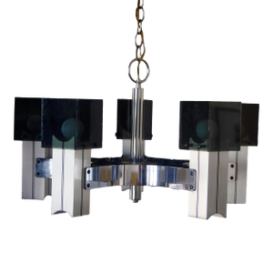 1970s Sciolari Chrome and Cast Smoked Plexiglass Ice Cube Chandelier