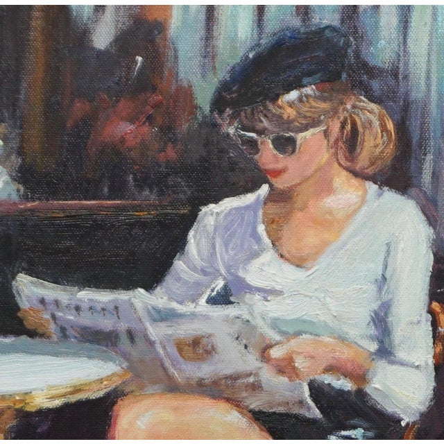 Original oil painting by Sean Wu, Parisian Pause, A modern woman sits in a coffee shop reading the morning paper.