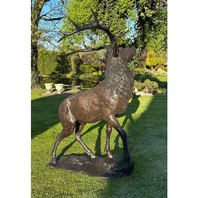 This extraordinary bronze sculpture impresses with its lifelike craftsmanship and attention to detail, deer stands on a...
