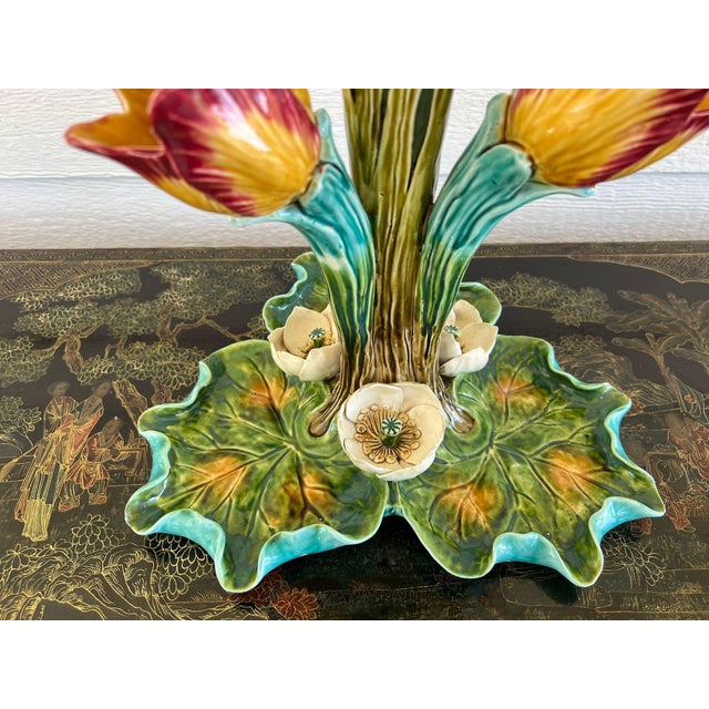 1900 - 1909 Antique French Majolica Vase Centerpiece Onnaing Art Nouveau Iris Tulip C1900 For Sale - Image 5 of 18