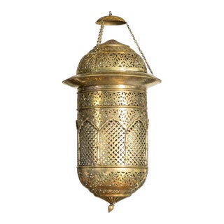 Indian Pierced Brass Hanging Decorative Lantern with Moorish Arch Motifs For Sale