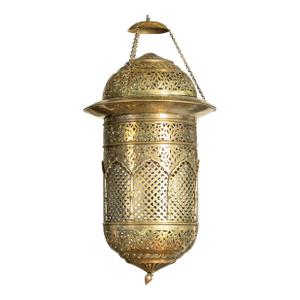Indian Pierced Brass Hanging Decorative Lantern with Moorish Arch Motifs