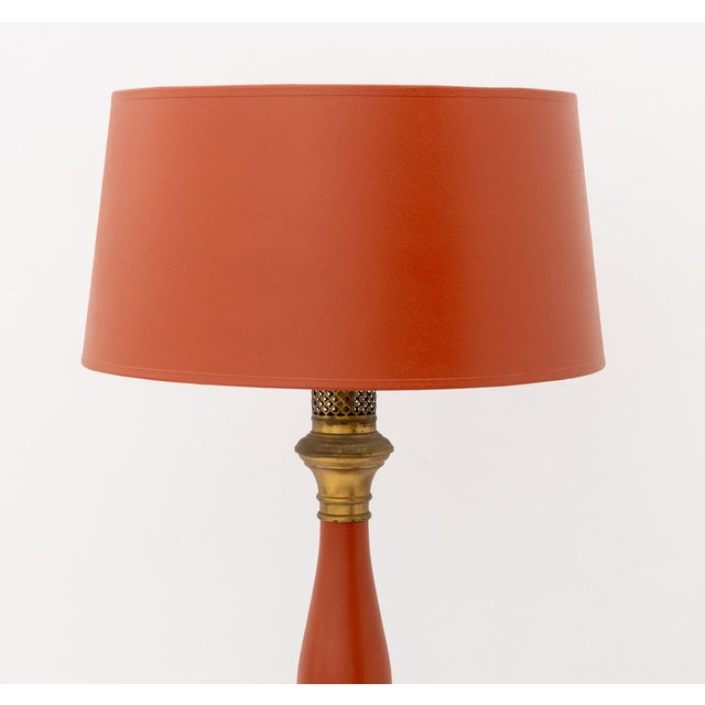 Pair of Italian Orange Tole Peinte and Gilt Metal Table Lamps, each with vasiform stem atop octagonal base with orange...