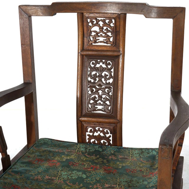 Chinese Pair of Chinese Carved Hardwood Throne Armchairs With Silk Cushions Mid-20th Century For Sale - Image 3 of 12