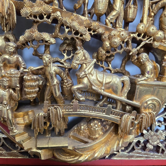 Antique Chinese Giltwood Panel Relief Carving Landscape Scene Red Lacquer Borders and Back For Sale - Image 11 of 18