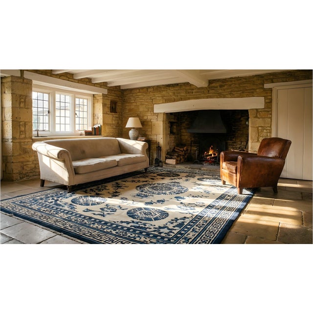 Great Beige Background Color With Floral-Medallion Pattern Antique Chinese Ningxia Rug For Sale - Image 13 of 15