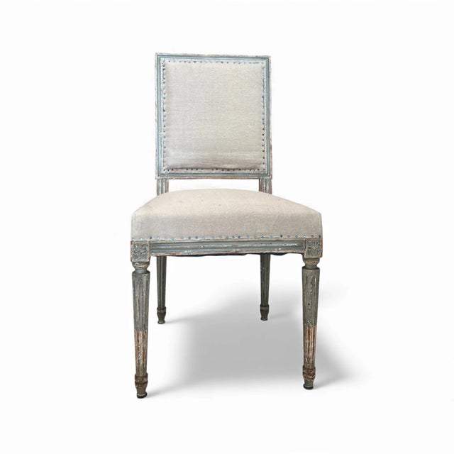 A 19th-century French antique set of six Louis XVI dining chairs exemplifying the neoclassical grace of the Louis XVI...