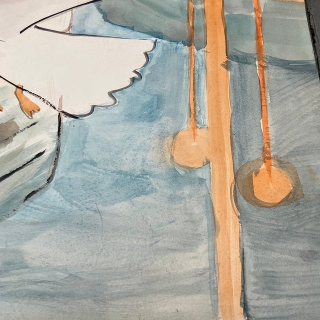 Abstract 1970’s Original Modernist Abstract Seagull at the Dock Watercolor Painting For Sale - Image 3 of 4