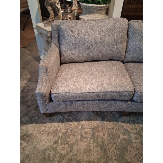 Sam Moore Transitional Upholstered Sofa in Gray-Blue Geometric Fabric A handsome transitional sofa by Sam Moore, featuring...