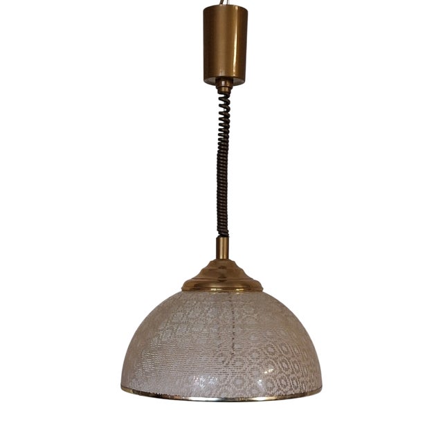 Vintage Height-Adjustable Hanging Lamp with Patterned Plastic Shade on Brass Mount, 1980s For Sale