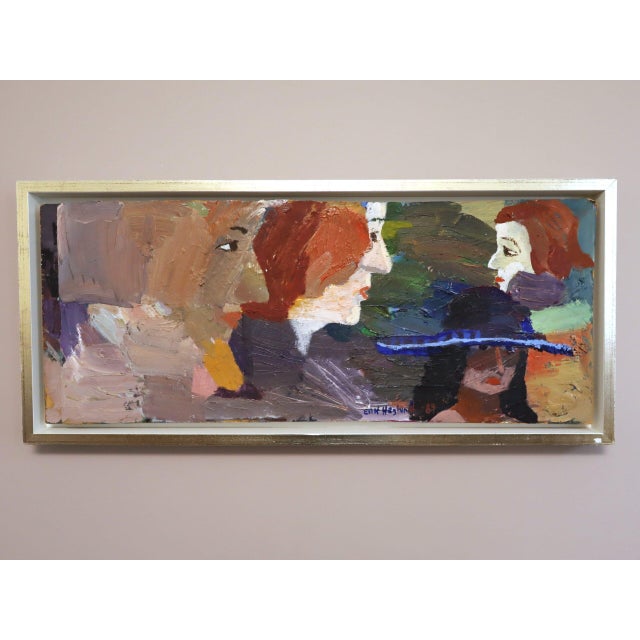 THE RUMOUR Oil on board Size: 15.7 x 36 inches (including frame) An expressive figurative composition depicting a...