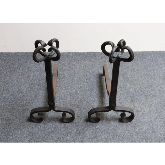 Pair of Tall Arts and Crafts Hand Forged Iron Fireplace Andirons For Sale - Image 4 of 18