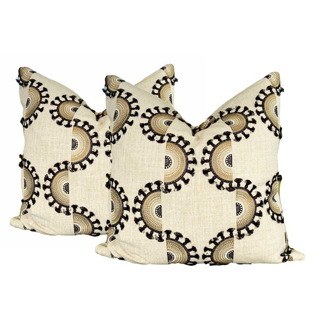 Linen and Black Toned Embroidered Pillows - A Pair For Sale In Sacramento - Image 6 of 6