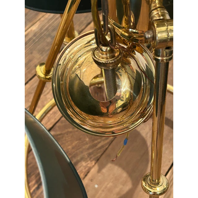 1980s Bouillotte Style Brass 3 Arm Chandelier With Green Tole Shades by Lightolier For Sale - Image 13 of 16