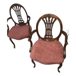 Pair of Vintage Georgian Revival Carved Wood Lyre-Back Armchairs For Sale