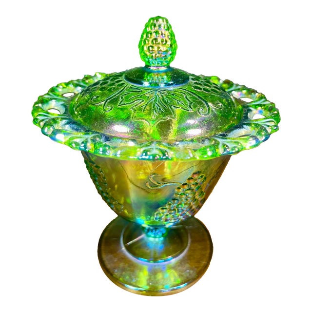 Colony Harvest Carnival Green Glass Footed Candy Dish & Lid For Sale